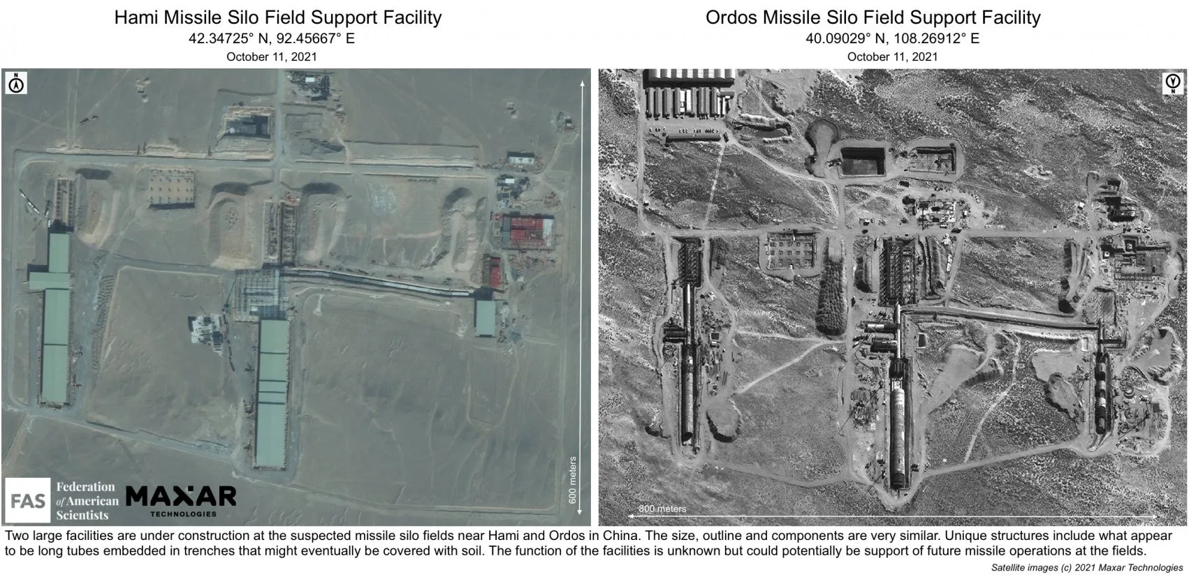 Imágenes satelitales de 2021 muestran obras y estructuras asociadas a la construcción de campos de silos en China.