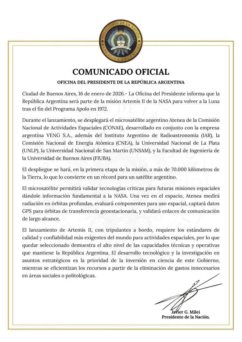 Comunicado oficial del presidente Javier Milei sobre la participación de Argentina en misión Artemisa II.