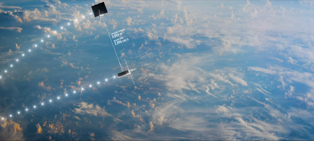 Captura de pantalla del vídeo promocional de ClearSpace para PRELUDE. Se observan las dos naves maniobrando juntas.