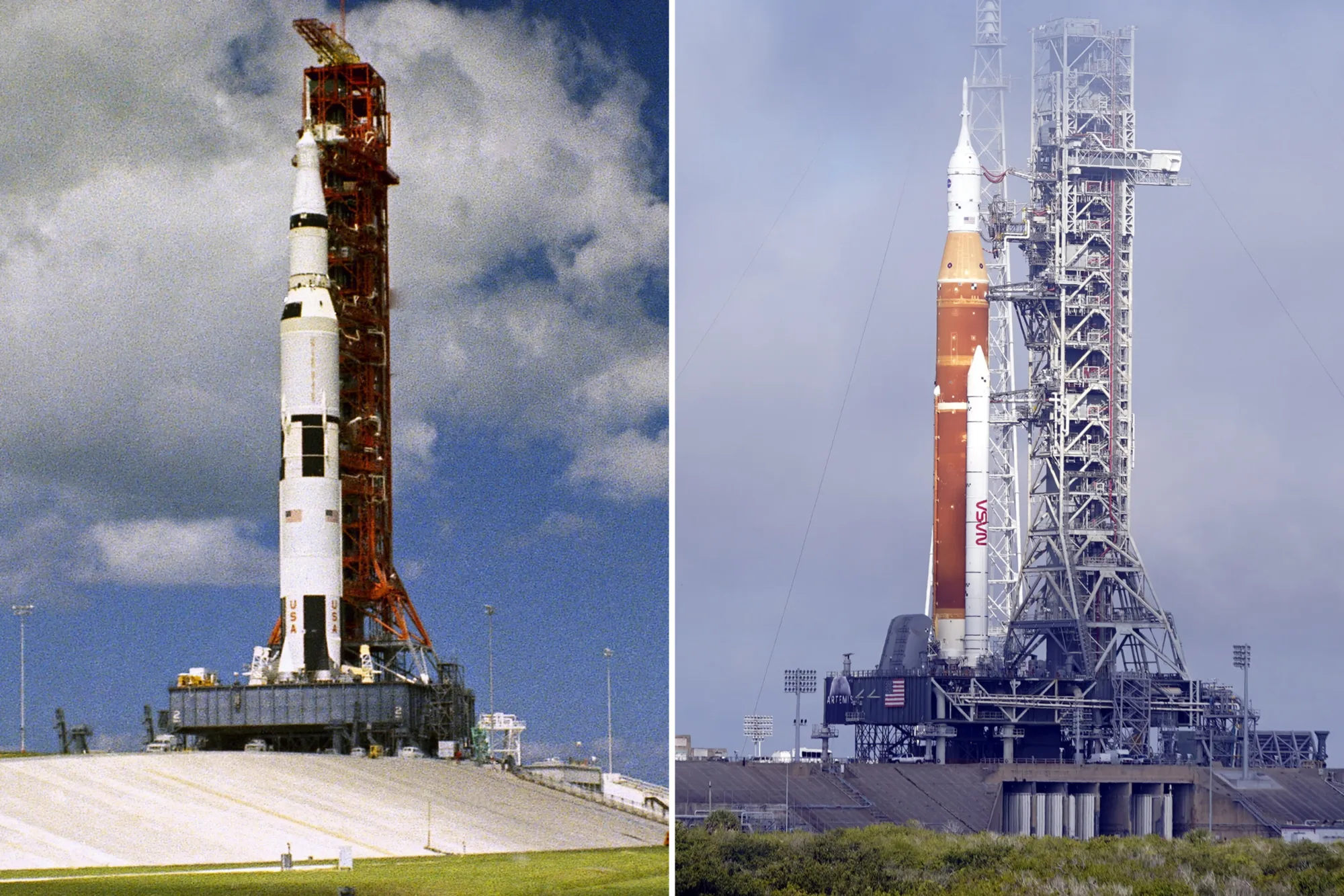 A la izquierda, el lanzador Saturno del Programa Apolo. A la derecha, el Space Launch System, lanzador del Programa Artemisa.