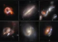 Six previously undiscovered, weird, and fascinating astrophysical objects are displayed in this new image from NASA’s Hubble Space Telescope. They include three lenses with arcs distorted by gravity, one galactic merger, one ring galaxy, and one galaxy that defied classification. Image: NASA, ESA, David O'Ryan (ESA), Pablo Gu00f3mez (ESA), Mahdi Zamani (ESA/Hubble)