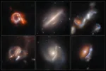 Six previously undiscovered, weird, and fascinating astrophysical objects are displayed in this new image from NASA’s Hubble Space Telescope. They include three lenses with arcs distorted by gravity, one galactic merger, one ring galaxy, and one galaxy that defied classification. Image: NASA, ESA, David O'Ryan (ESA), Pablo Gu00f3mez (ESA), Mahdi Zamani (ESA/Hubble)