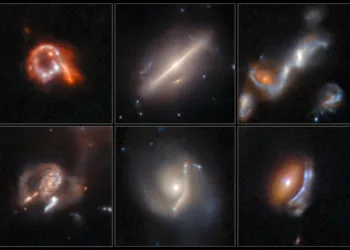 Six previously undiscovered, weird, and fascinating astrophysical objects are displayed in this new image from NASA’s Hubble Space Telescope. They include three lenses with arcs distorted by gravity, one galactic merger, one ring galaxy, and one galaxy that defied classification. Image: NASA, ESA, David O'Ryan (ESA), Pablo Gu00f3mez (ESA), Mahdi Zamani (ESA/Hubble)