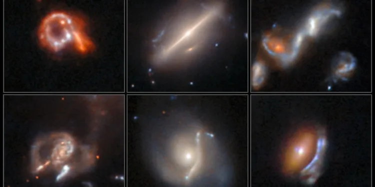 Six previously undiscovered, weird, and fascinating astrophysical objects are displayed in this new image from NASA’s Hubble Space Telescope. They include three lenses with arcs distorted by gravity, one galactic merger, one ring galaxy, and one galaxy that defied classification. Image: NASA, ESA, David O'Ryan (ESA), Pablo Gu00f3mez (ESA), Mahdi Zamani (ESA/Hubble)