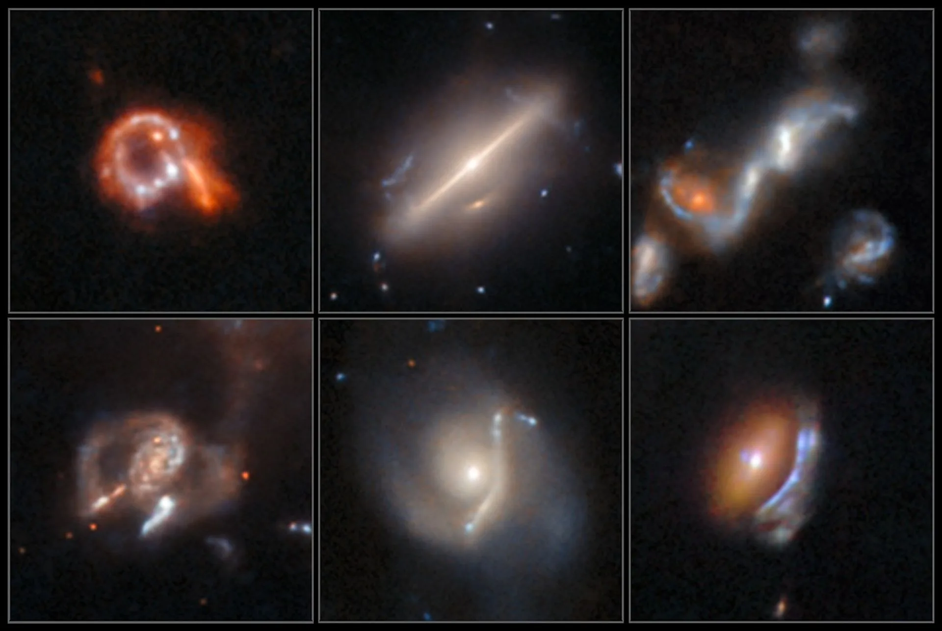 Six previously undiscovered, weird, and fascinating astrophysical objects are displayed in this new image from NASA’s Hubble Space Telescope. They include three lenses with arcs distorted by gravity, one galactic merger, one ring galaxy, and one galaxy that defied classification. Image: NASA, ESA, David O'Ryan (ESA), Pablo Gu00f3mez (ESA), Mahdi Zamani (ESA/Hubble)