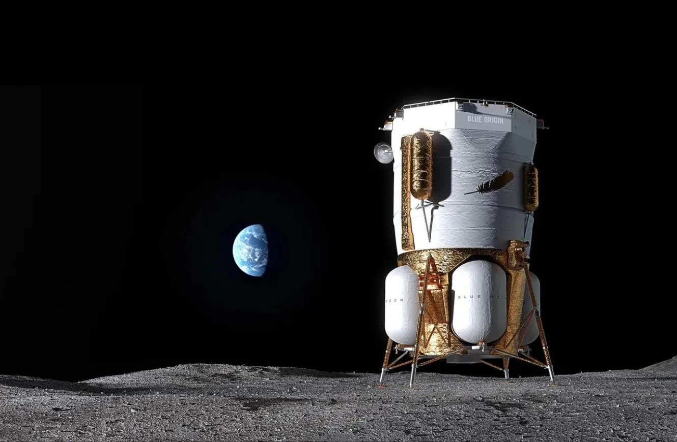 Ilustración conceptual del módulo lunar Blue Moon MK1 de Blue Origin en la superficie de la Luna. El vehículo está diseñado para transportar carga y habilitar misiones logísticas hacia distintos sitios del terreno lunar