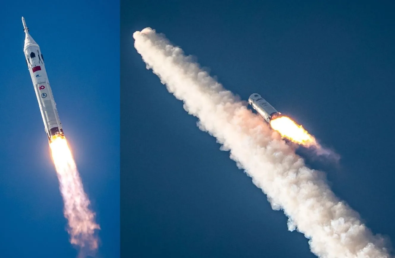 China realizó una prueba de aborto en vuelo de Mengzhou y ejecutó un amerizaje controlado de la primera etapa de un Long March-10A. En la imagen se observa el ascenso del lanzador, y el momento en el que la cápsula escapa del cohete.