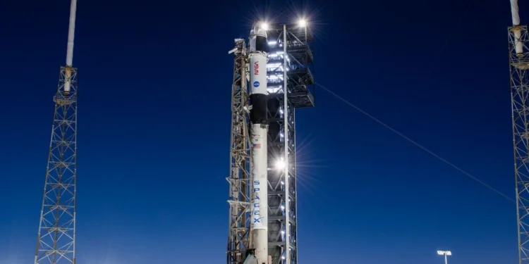El Falcon 9 y la cápsula Dragon en posición vertical en la plataforma 40 en Florida para la misión Crew-12 de la NASA.