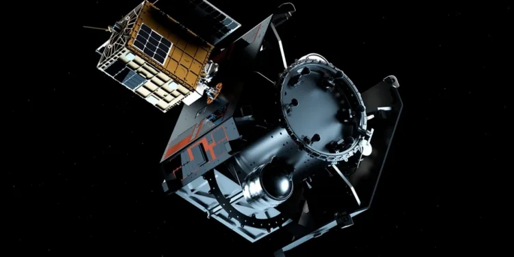 Imagen conceptual de acople y trabajo cercano del remolcador Otter con otra nave. Escenario típico de inspección, rendezvous y servicing.