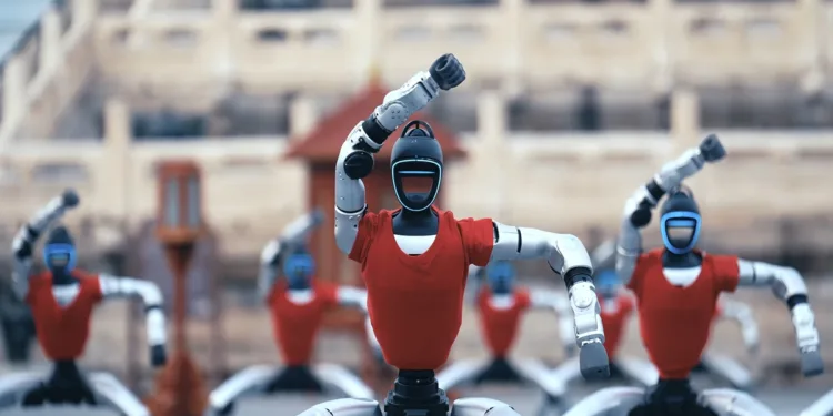 Unitree presenta 49 robots humanoides que realizan una demostración sincronizada de artes marciales en el Templo del Cielo después del espectáculo de gala del Festival de Primavera.