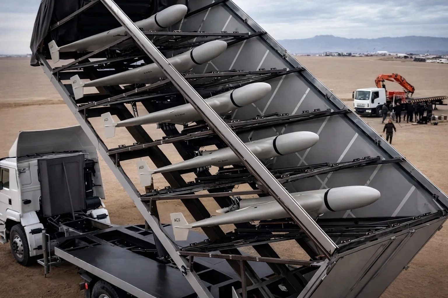 Camión transportador de drones kamikaze Shahed-136.