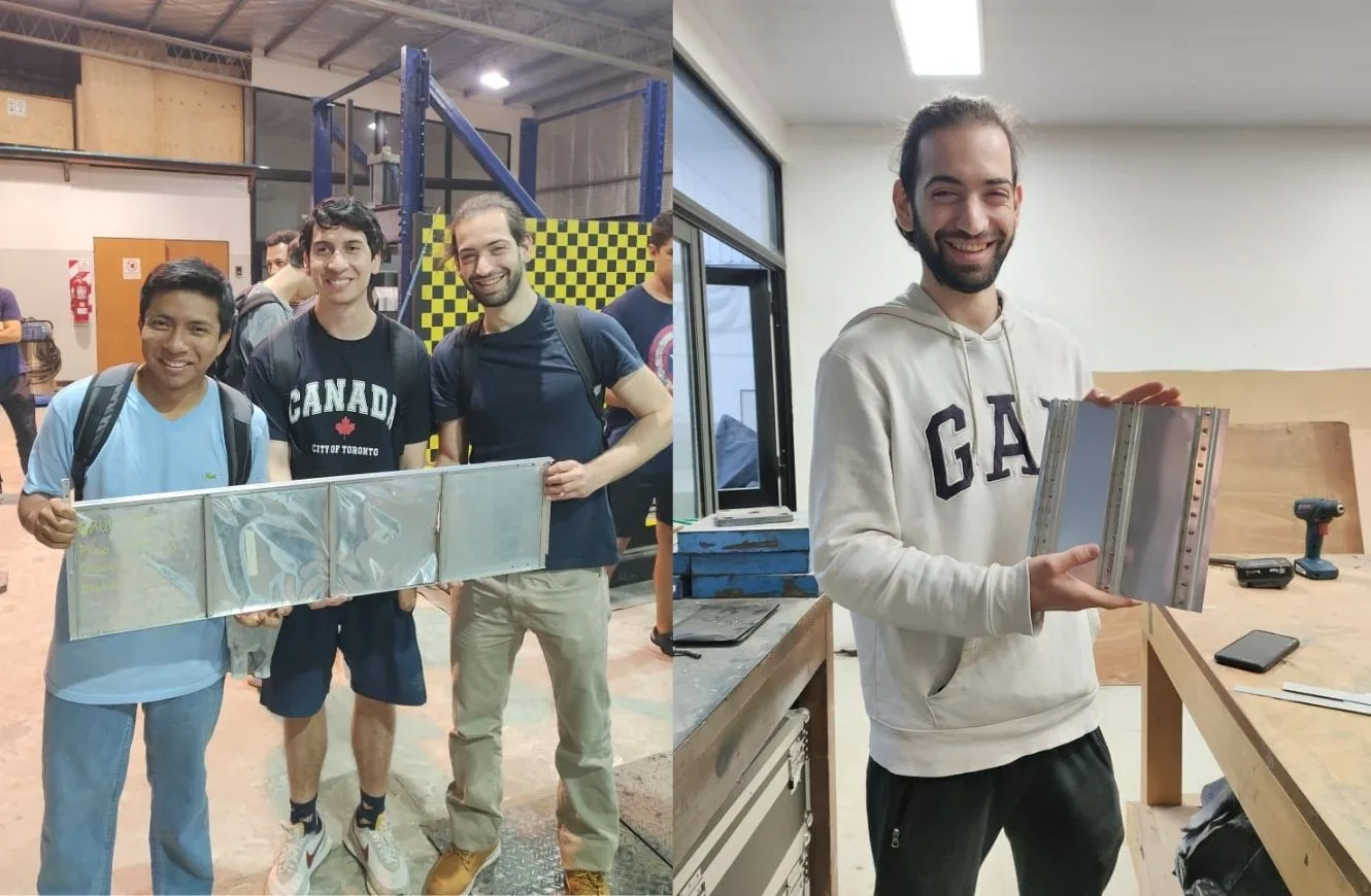 Allan Olivito, ingeniero y parte del equipo de la UNLP finalista de CanSat 2026, y sus compañeros, junto a proyectos académicos del área de Estructuras.