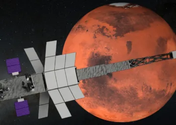 Ilustración de la nave espacial SR-1 Freedom de la NASA frente a una ilustración de Marte. (Crédito de la imagen: NEMES LASZLO/SCIENCE PHOTO LIBRARY/Getty Images/NASA)