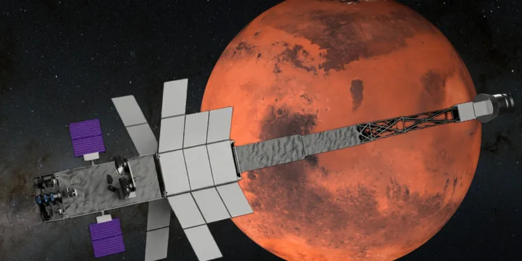 Ilustración de la nave espacial SR-1 Freedom de la NASA frente a una ilustración de Marte. (Crédito de la imagen: NEMES LASZLO/SCIENCE PHOTO LIBRARY/Getty Images/NASA)