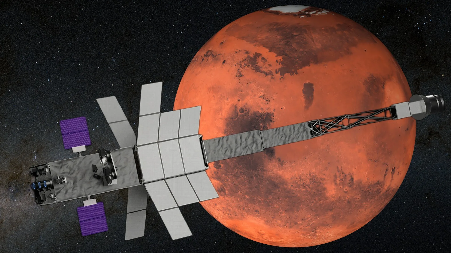 Ilustración de la nave espacial SR-1 Freedom de la NASA frente a una ilustración de Marte. (Crédito de la imagen: NEMES LASZLO/SCIENCE PHOTO LIBRARY/Getty Images/NASA)