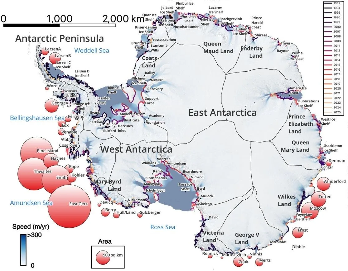 Línea de base de la Antártida en 1992-2025 codificada por colores de negro (1992) a rojo y blanco (2025). La línea está sobre un mapa de velocidad de los glaciares codificado por colores de blanco (>50 m/año) a azul (>300 m/año) y un mapa de relieve sombreado en gris de la Antártida del año 2011.
