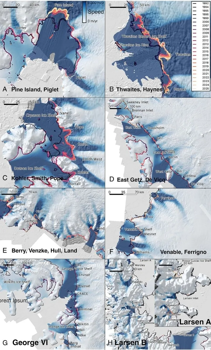 Retroceso de GL en la Antártida Occidental y la Península Antártica desde 1992 (negro) hasta mediados de la década de 2000 (naranja) hasta 2025 (blanco). Se observan (A) glaciares Pine Island, Piglet y Larter; (B) glaciares Thwaites y Haynes; (C) glaciares Vane, Pope, Smith y Kolher; (D) plataforma de hielo East Getz; (E) glaciares DeVicq, Berry, Venske, Hull y Land; (F) plataforma de hielo Venable, corriente de hielo Fox, corriente de hielo Ferrigno y glaciar Alison, en la Antártida Occidental; (G) plataformas de hielo George VI, (H) Larsen B e (I) Larsen A, en la Península Antártica.