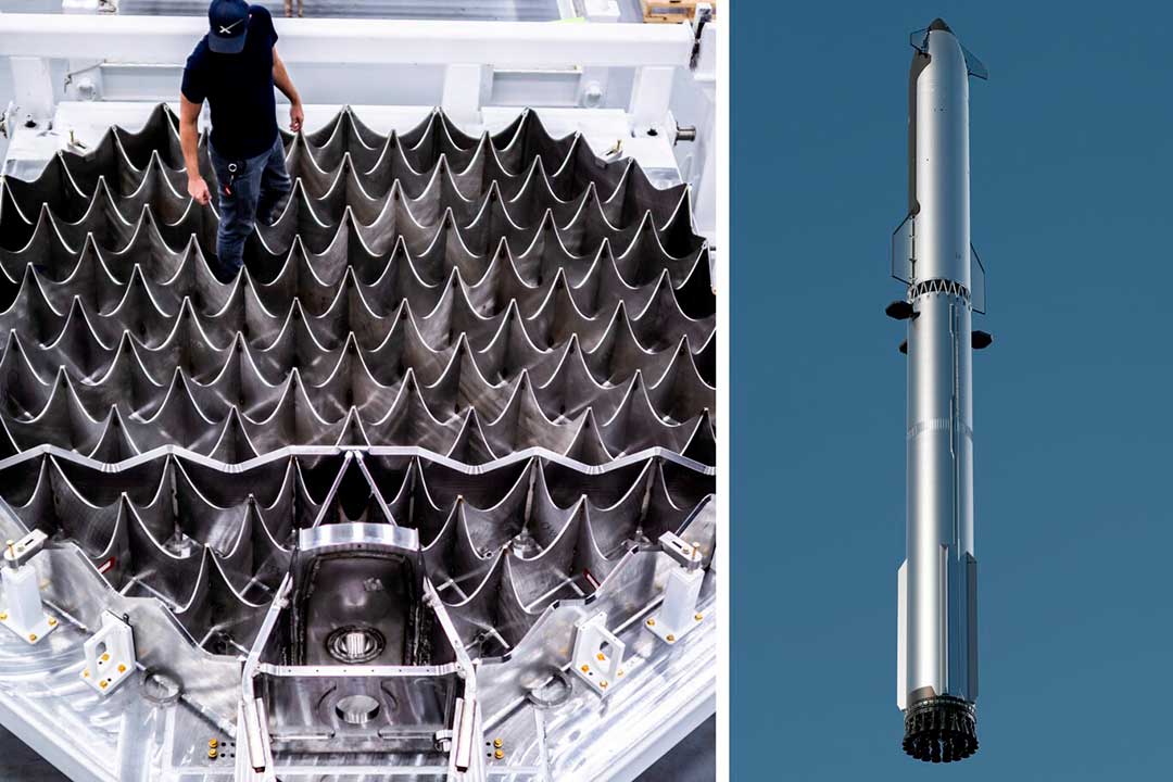 Estructura de las aletas de rejilla utilizadas para el reingreso y aterrizaje vertical de los cohetes. A la derecha se muestra la estructura integrada en el cohete Falcon Heavy de SpaceX. Crédito: SpaceX. Long March reutilizable