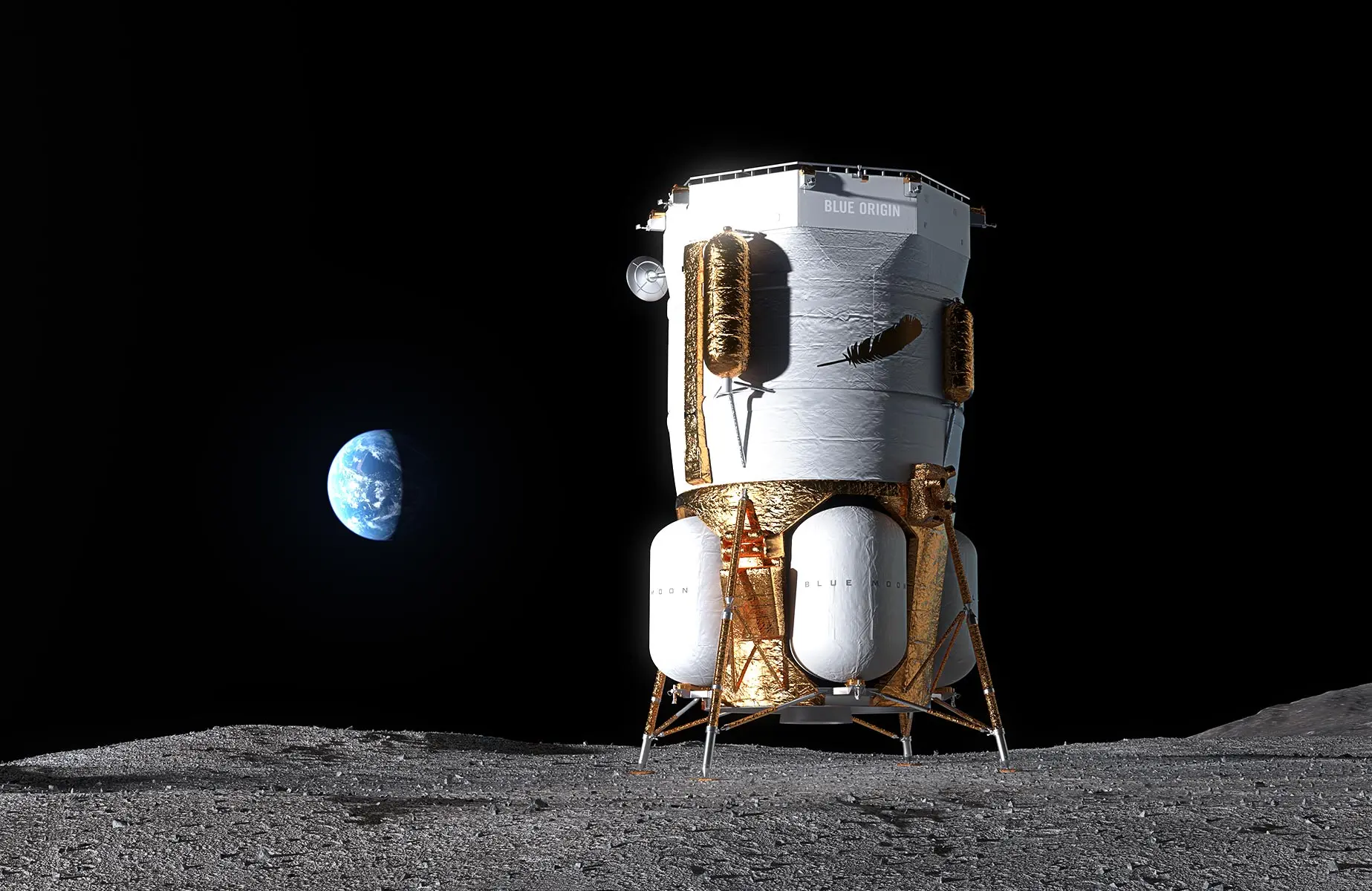 Ilustración del módulo de alunizaje Blue Moon Mark 1 "Endurance" de Blue Origin en la superficie de la Luna.