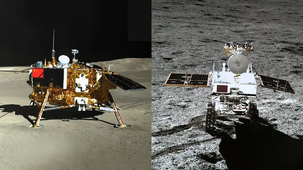 El módulo de alunizaje Chang'e 4 y el vehículo explorador Yutu 2 de China, fotografiados mutuamente en la cara oculta de la Luna.