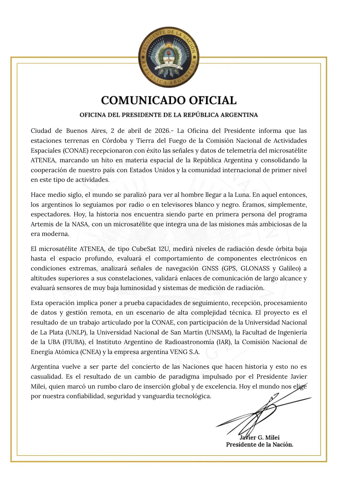 Comunicado oficial de la Oficina del Presidente de la República Argentina sobre ATENEA, el satélite argentino que voló a bordo de Artemisa II.