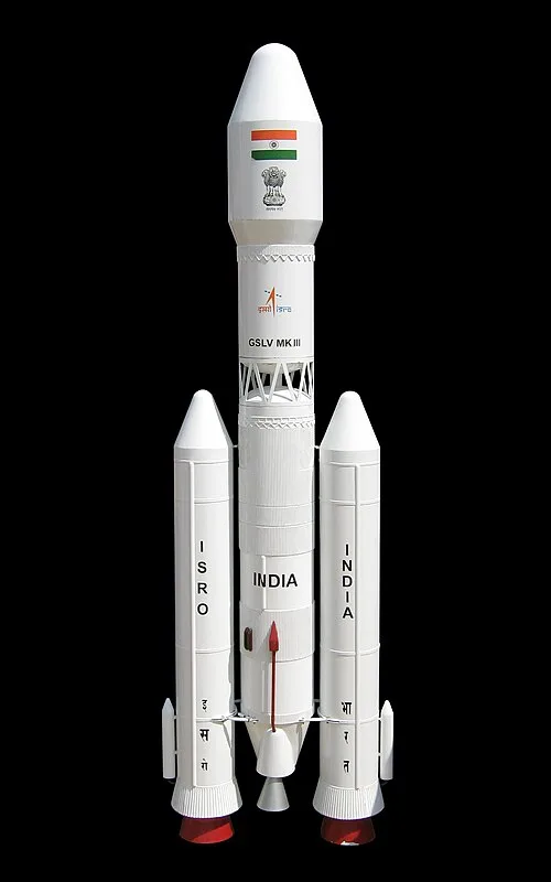 Imagen del cohete indio Launch Vehicle Mark 3 que se lanzará al espacio para la misión tripulada Gaganyaan. Crédito: ISRO. prueba lanzamiento india