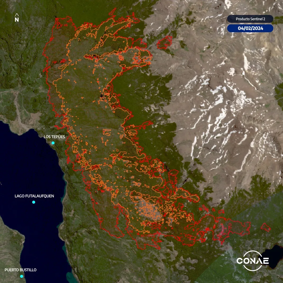 Evolución del fuego durante un incendio forestal en el Parque Nacional Los Alerces, provincia del Chubut, en 2024. En naranja, se observan 1800 hectáreas quemadas al 30 de enero. En rojo, se aprecia cómo aumentó el área alcanzada por el fuego el 4 de febrero, hasta las 3.050 hectáreas.