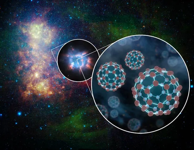 Representación de moléculas de fulerenos con la Pequeña Nube de Magallanes de fondo, fotografiada por el telescopio Spitzer de la NASA. Spitzer descubrió enormes cantidades de fulerenos en el espacio, y un nuevo estudio sugiere además que estas moléculas son comunes en todo el universo.