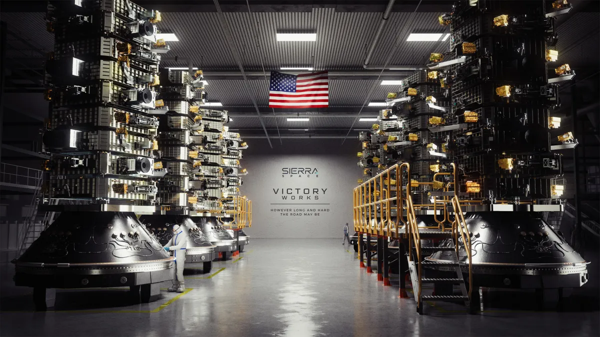 Representación de pilas de satélites en la futura instalación de producción de Sierra Space Defense, centrada en la fabricación de satélites militares. Crédito: Sierra Space