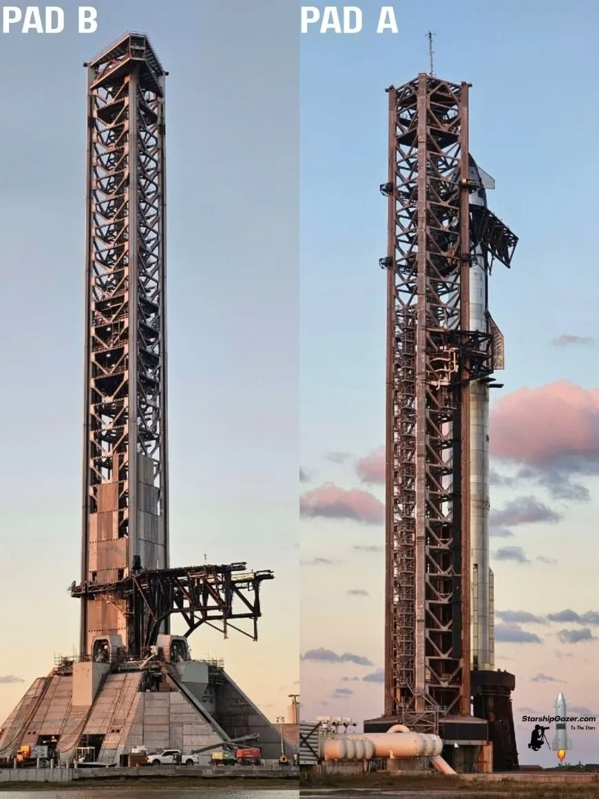 Imagen comparativa de la nueva plataforma Orbital B o Pad B (izquierda), y la plataforma Pad A (derecha) de la Starbase de SpaceX.