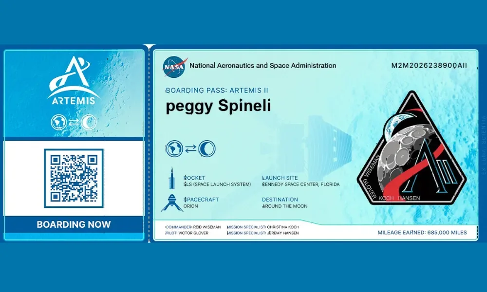 Tarjeta de embarque simbólica del proyecto de la NASA "Send Your Name with Artemis" siete curiosidades Artemisa II