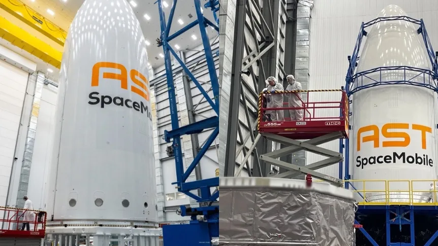 Imágenes del satélite Blue Bird 7 de ATS SpaceMobile encapsulado en el cohete New Glenn de Blue Origin. Crédito: Blue Origin. New Glenn fallo
