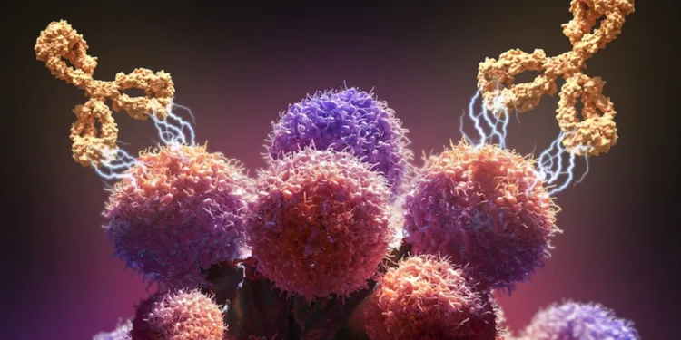 Imagen ilustrativa de un anticuerpo monoclonal atacando a un patógeno. Milstein anticuerpo