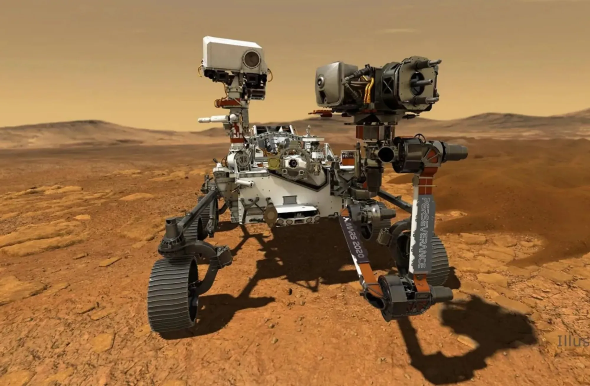 Imagen del rover Perseverance que estudia la geología del cráter Jezero en Marte. Crédito: NASA.Curiosity experimento