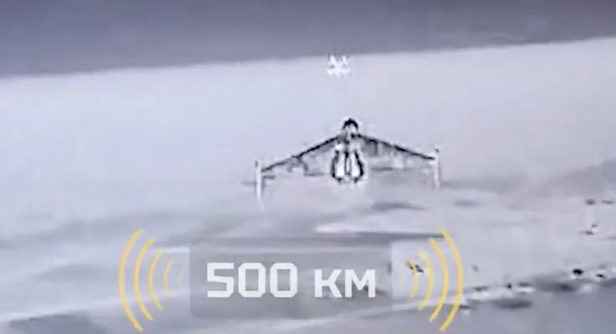 Captura de video de dron Shahed de Rusia interceptado por el sistema STING. Crédito: Wild Hornets vía X