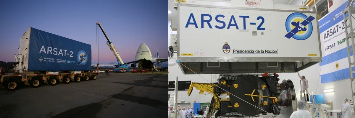 El satélite ARSAT-2 durante su transporte hacia Guayana Francesa para su lanzamiento.
