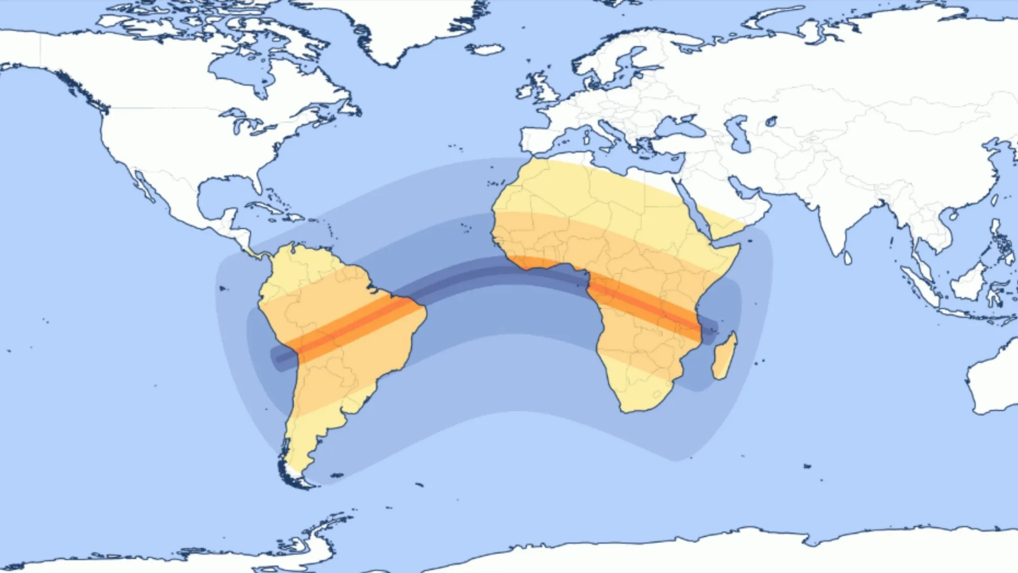 Mapa de la visibilidad del eclipse. En rojo la línea de máxima totalidad.