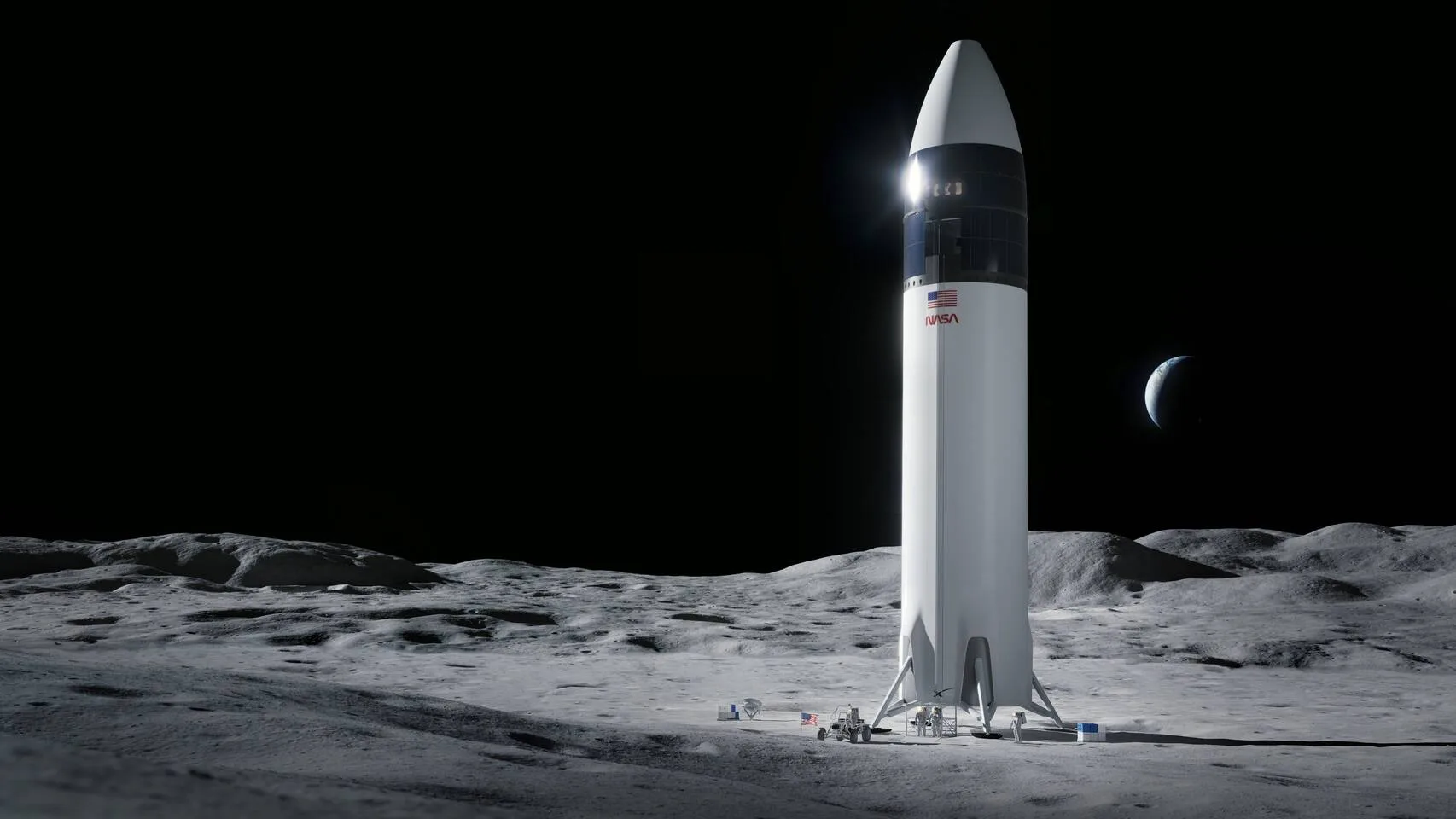 Concepto artístico del sistema de aterrizaje tripulado Starship (HLS) de SpaceX en la Luna.