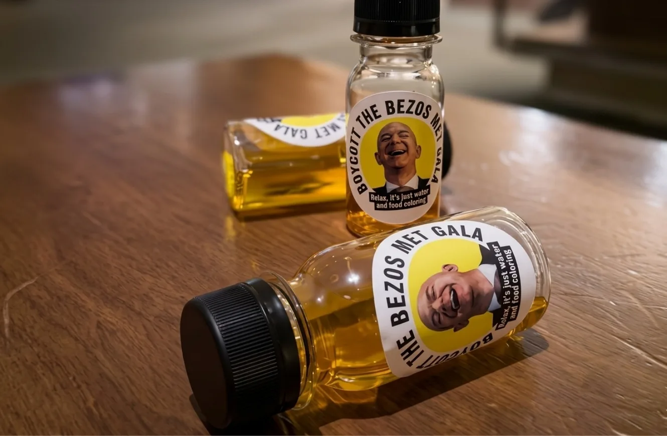 Imagen de las botellas de orina falsas usadas para protestar contra Bezos durante la MET Gala 2026.