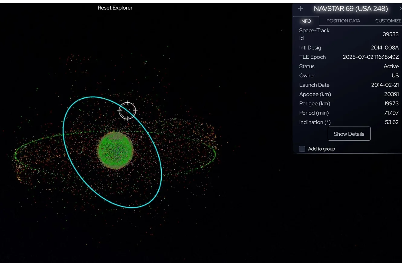 Imagen de pantalla de radar espacial de la empresa COMSPOC, que permite localizar satélites en órbita. Crédito: COMSPOC.