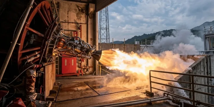 Imagen de la prueba de encendido del motor de propulsión líquida "Chi", de la empresa china Mega Engine.