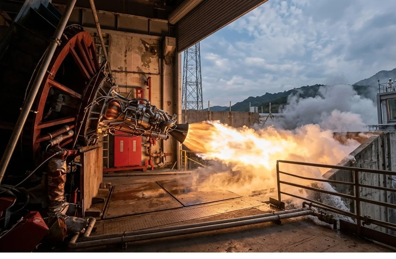 Imagen de la prueba de encendido del motor de propulsión líquida "Chi", de la empresa china Mega Engine.