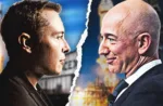 Imagen de Elon Musk (derecha), fundador de SpaceX y Jeff Bezos (izquierda), fundador de Blue Origin.