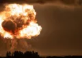 Imagen de la explosión del cohete New Glenn de Blue Origin durante una prueba de encendido estático.