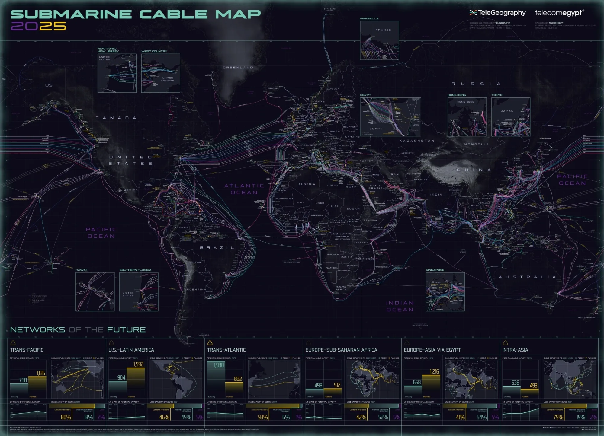 Mapa global de cables submarinos, parte de la infraestructura digital global.