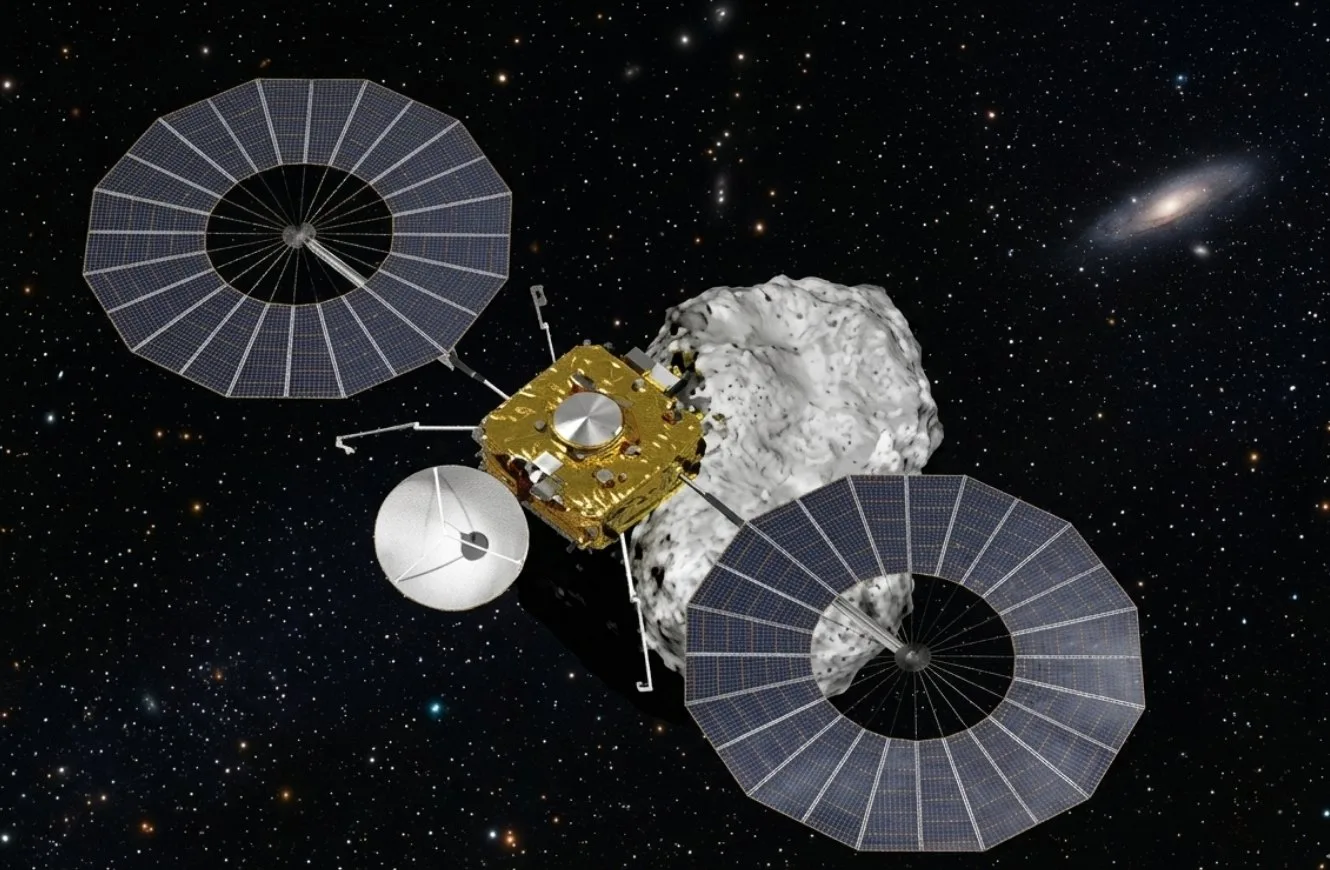 Imagen artística de la sonda Tianwen 2 aproximándose al asteroide 469219 Kamoʻoalewa. Crédito: CNSA.