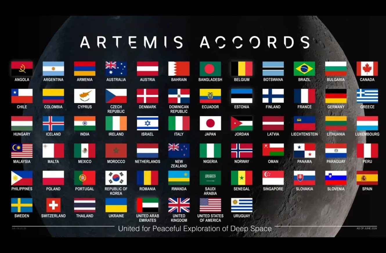 Imagen del los 68 países firmantes de los Acuerdos Artemis hasta junio de 2026.
