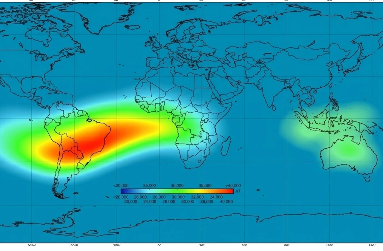 Imagen del mapa terrestre donde se observa la regíon de baja intensidad magnética en el hemisferio sur debido al la conocida como Anomalía Magnética del Atlántico Sur
