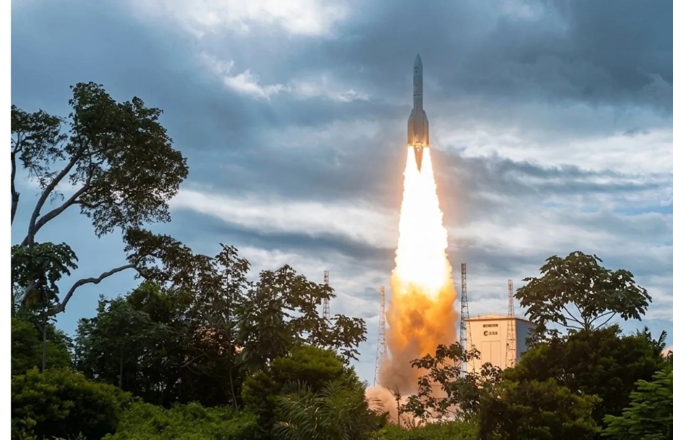 Imagen del lanzamiento del cohete Ariane 6 de la empresa Arianespace desde el Puerto Espacial de Kourou, en la Guayana Francesa.