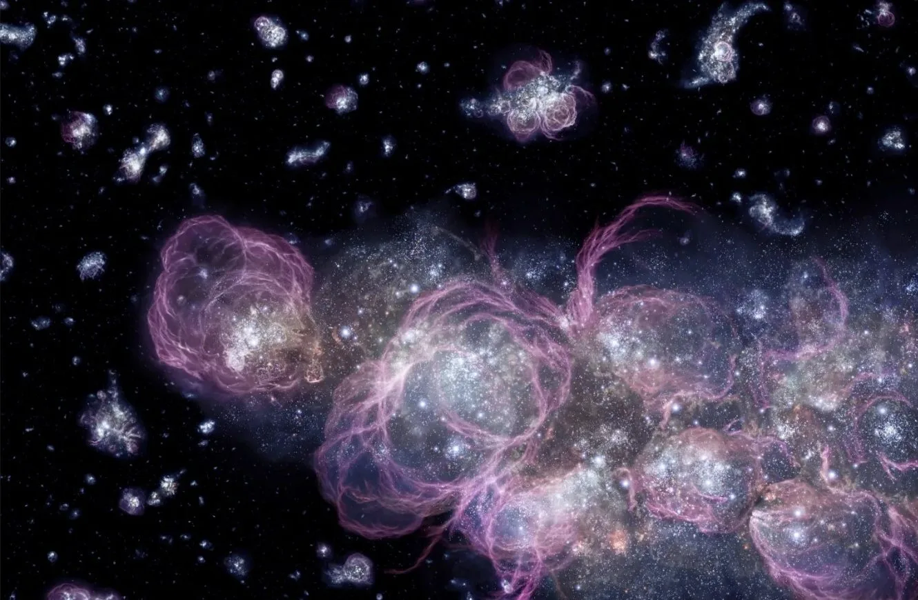 Esta ilustración muestra cómo podría haber sido el universo cuando tenía menos de mil millones de años, aproximadamente el 7 % de su edad actual. La formación estelar consumía vorazmente el hidrógeno primordial, generando innumerables estrellas a un ritmo sin precedentes. Crédito: NASA, ESA, STScI. Big Bang